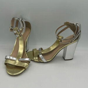 NWOT silver & gold leather Italian  J Crew t strap heels size 5.5